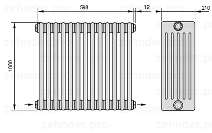 Схема (чертеж) Радиатор Zehnder Charleston 6100/13 №2670 Белый глянцевый RAL 9016